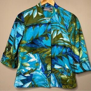 Chico’s Jacket Blazer Women Medium Blue Green Floral Tropical 3/4 Cuffed Sleeve